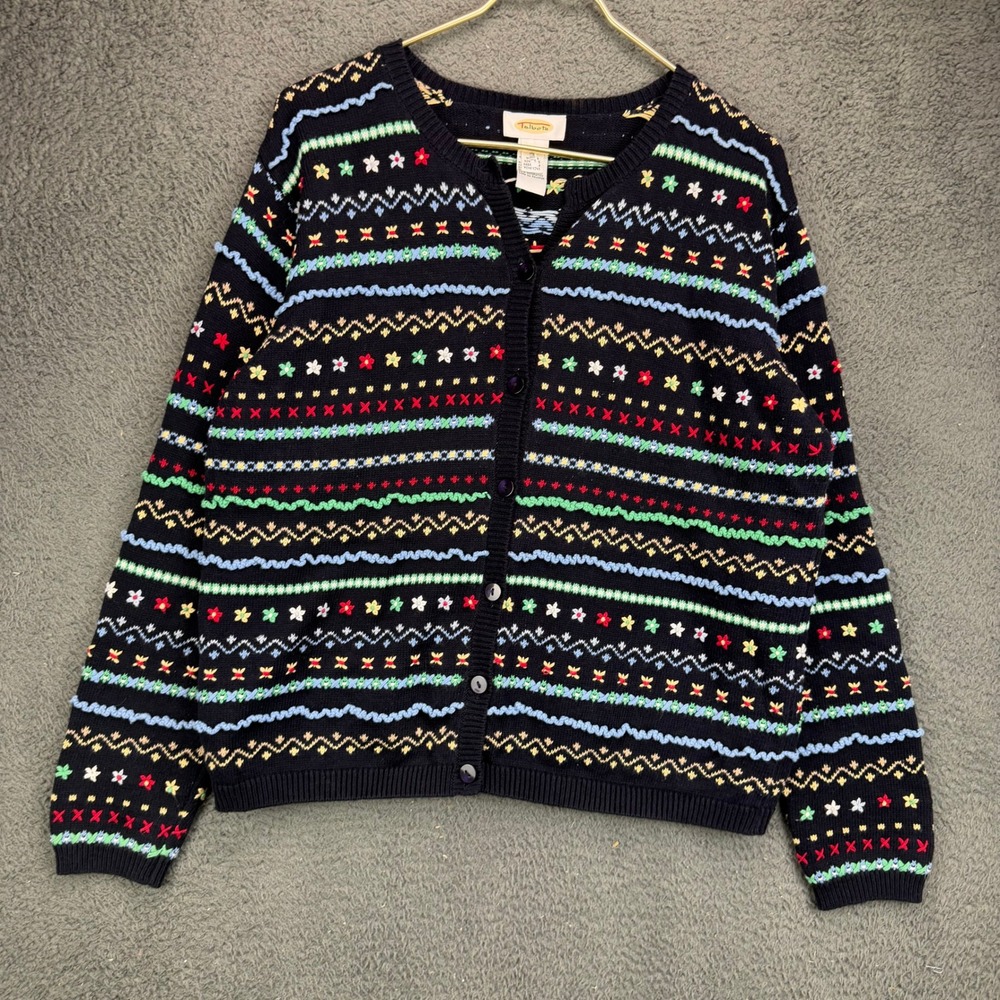 Talbots Womens L Navy Blue Floral Embroidered Cotton Knit Cardigan Sweater